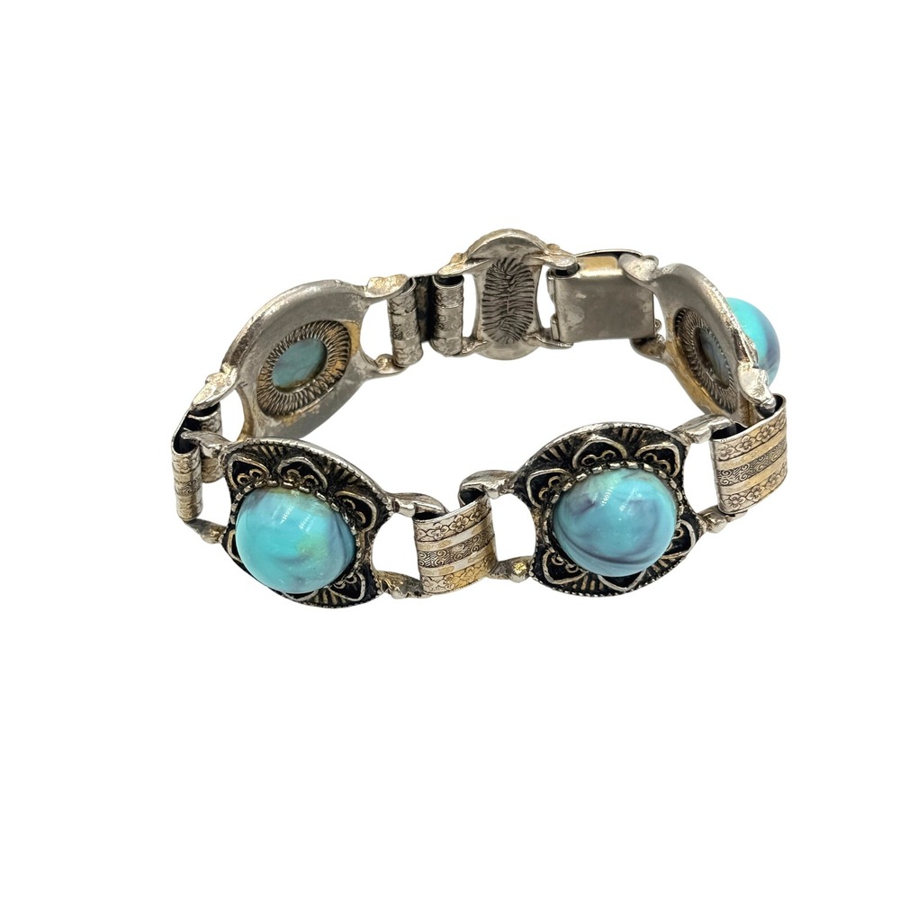 Vintage Turquoise Bracelet Mixed Metal Faux Stone Link Boho Western Jewelry